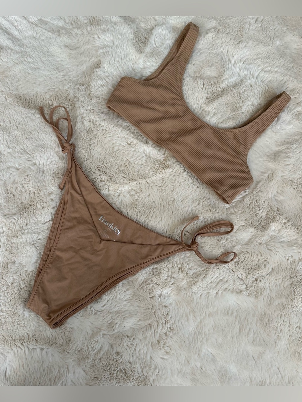 Frankie's Bikinis Conner Ribbed Top and non ribbed Bottoms in Earth/Tan
